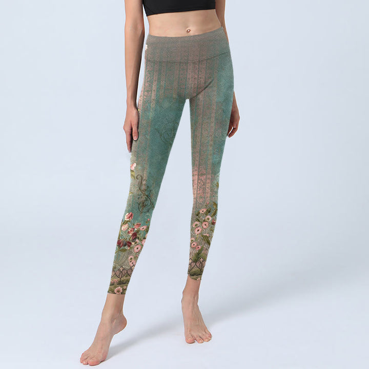 Buddha Stones Symmetrical Retro Flower Leaf Vine Fence Pattern Print Gym Leggings Women's Yoga Pants - image 5