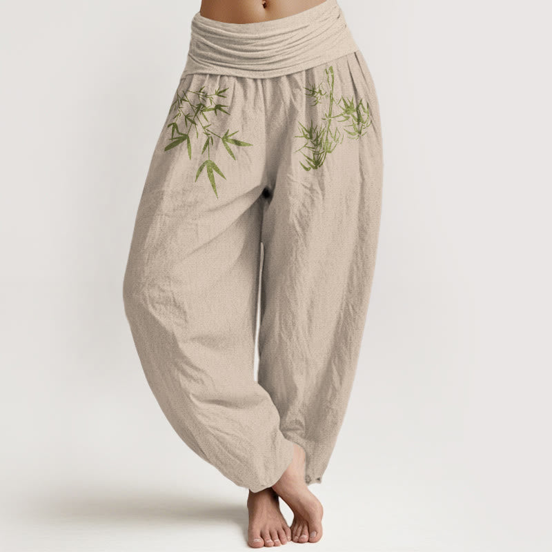 Buddha Stones Pure Cotton Minimalist Style Bamboo Leaf Pattern Women's Elastic Waist Harem Pants - Tan - US16，UK/AU20，EU48 (3XL) - image 14