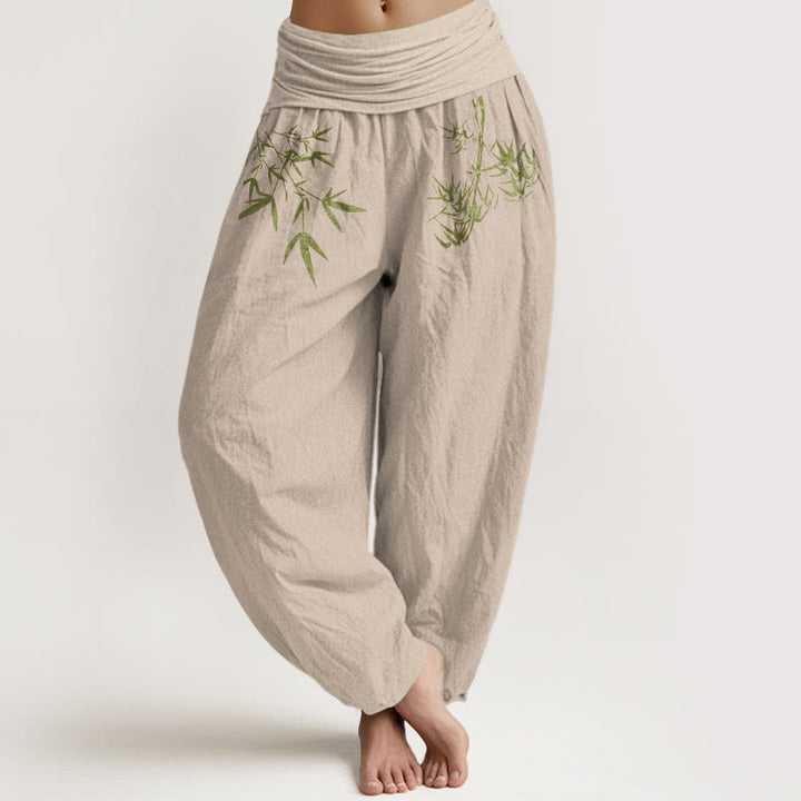 Buddha Stones Pure Cotton Minimalist Style Bamboo Leaf Pattern Women's Elastic Waist Harem Pants - Tan - US16，UK/AU20，EU48 (3XL) - image 14