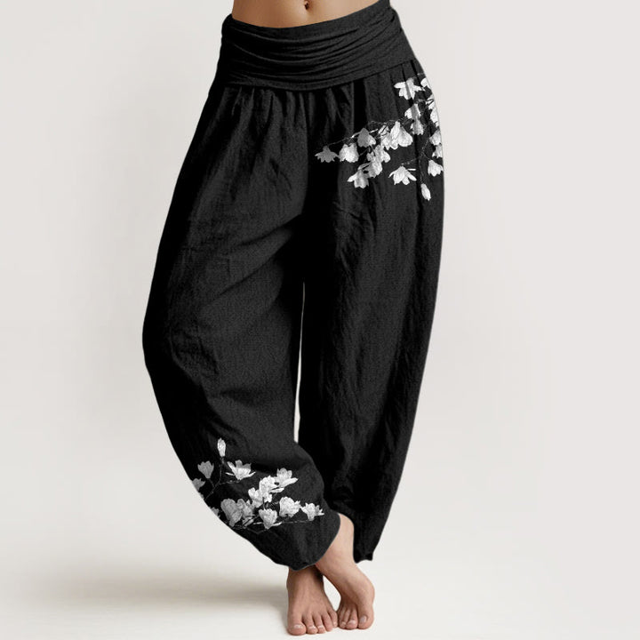 Buddha Stones Pure Cotton Minimalist Style Magnolia Flower Pattern Women's Elastic Waist Harem Pants - Black - US16，UK/AU20，EU48 (3XL) - image 0