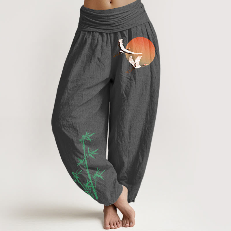 Buddha Stones Pure Cotton Elegant Sun Crane Bamboo Pattern Women's Elastic Waist Harem Pants - DimGray - US16，UK/AU20，EU48 (3XL) - image 11