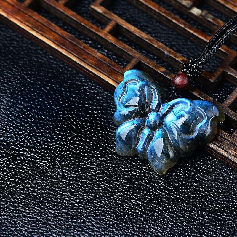 Buddha Stones Carved Butterfly Natural Labradorite Rope Healing Freedom Necklace Pendant - image 1
