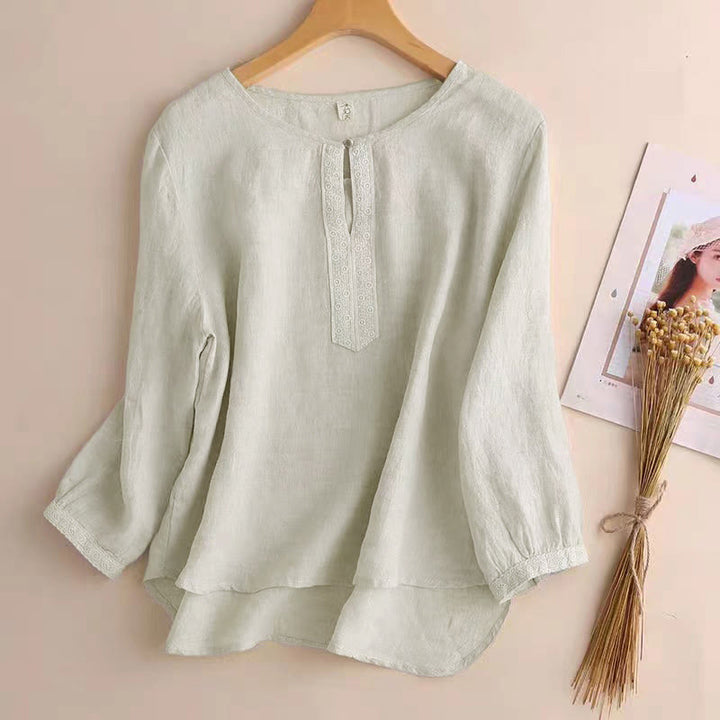 Buddha Stones Casual Plain Women's Hollow Crew Neck Design Three Quarter Sleeve Shirt - Linen - US8-10，UK/AU12-14，EU40-42 (2XL) - image 11