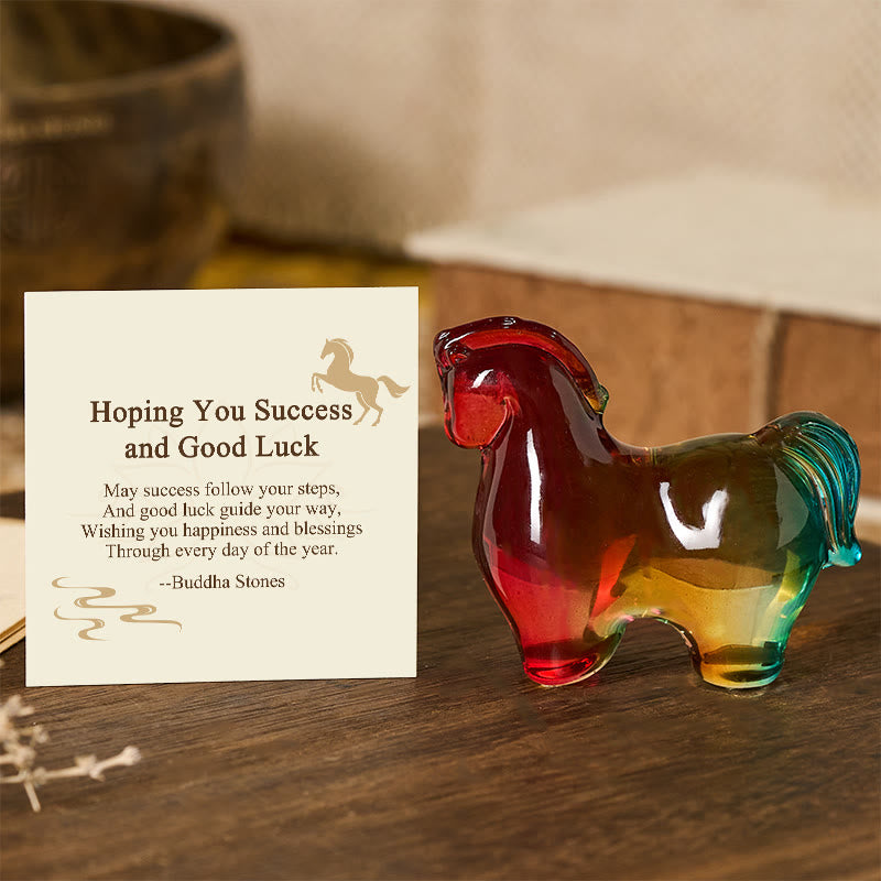 Buddha Stones "Hoping You Success and Good Luck" Year Of The Horse Mini Colorful Liuli Crystal Decoration Includes Gift Message Card - Colorful Horse 8*7cm - Standard Gift Box - image 0