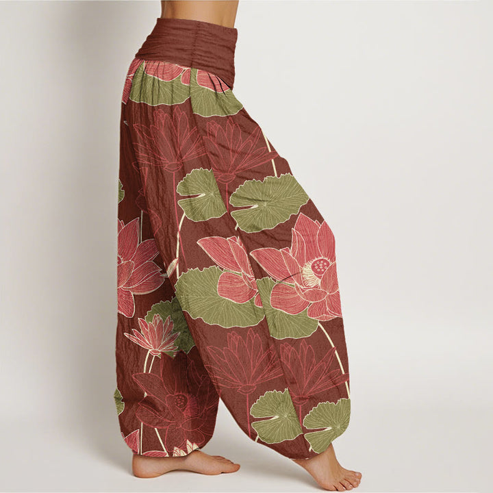 Buddha Stones Pure Cotton Retro Lotus Flowers Leaves Pattern Women's Elastic Waist Harem Pants - image 7
