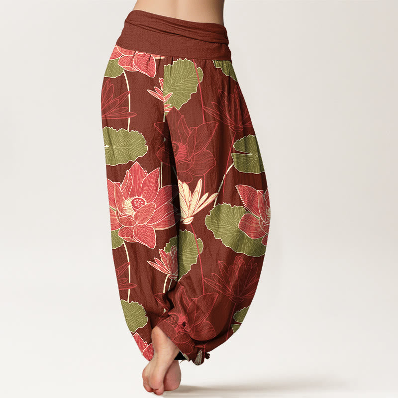 Buddha Stones Pure Cotton Retro Lotus Flowers Leaves Pattern Women's Elastic Waist Harem Pants - image 6