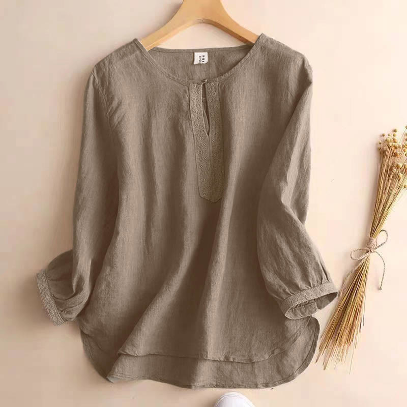 Buddha Stones Casual Plain Women's Hollow Crew Neck Design Three Quarter Sleeve Shirt - Tan - US8-10，UK/AU12-14，EU40-42 (2XL) - image 0