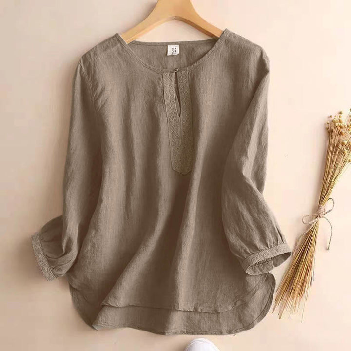 Buddha Stones Casual Plain Women's Hollow Crew Neck Design Three Quarter Sleeve Shirt - Tan - US8-10，UK/AU12-14，EU40-42 (2XL) - image 0