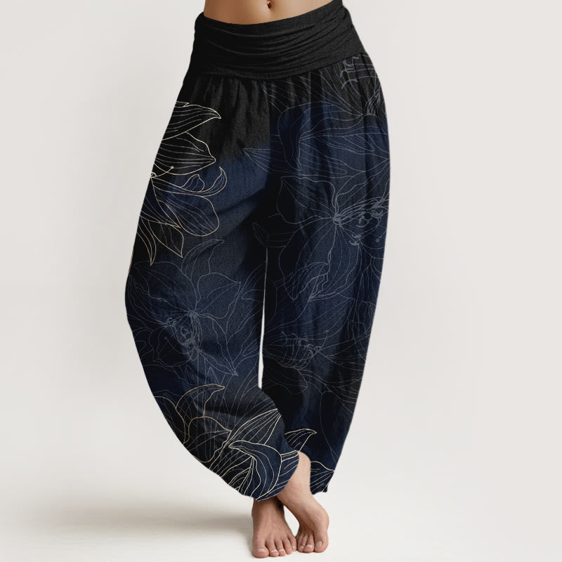 Buddha Stones Pure Cotton Minimalist Style Flower Pattern Women's Elastic Waist Harem Pants - MidnightBlue - US16，UK/AU20，EU48 (3XL) - image 8