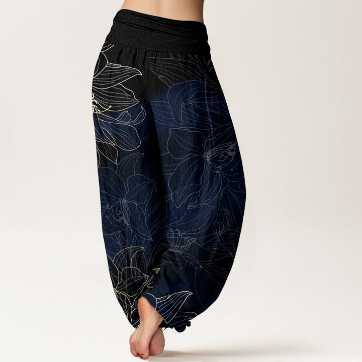 Buddha Stones Pure Cotton Minimalist Style Flower Pattern Women's Elastic Waist Harem Pants - image 9