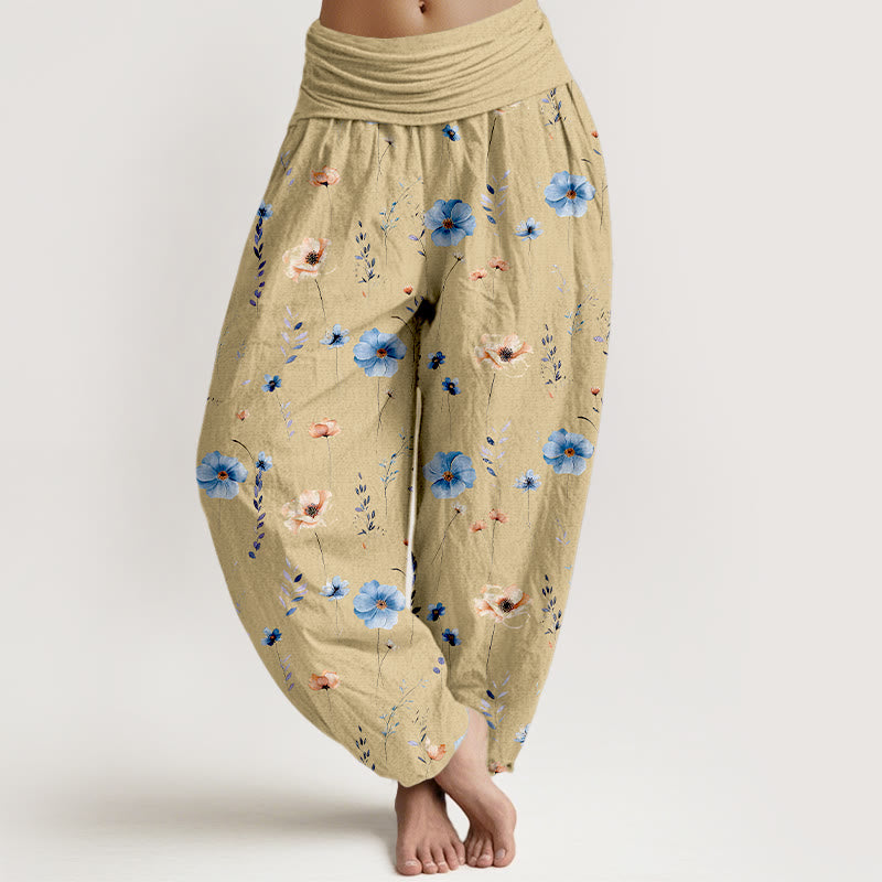 Buddha Stones Cotton Fresh Refined Flower Pattern Women's Elastic Waist Harem Pants - Wheat - US16，UK/AU20，EU48 (3XL) - image 0