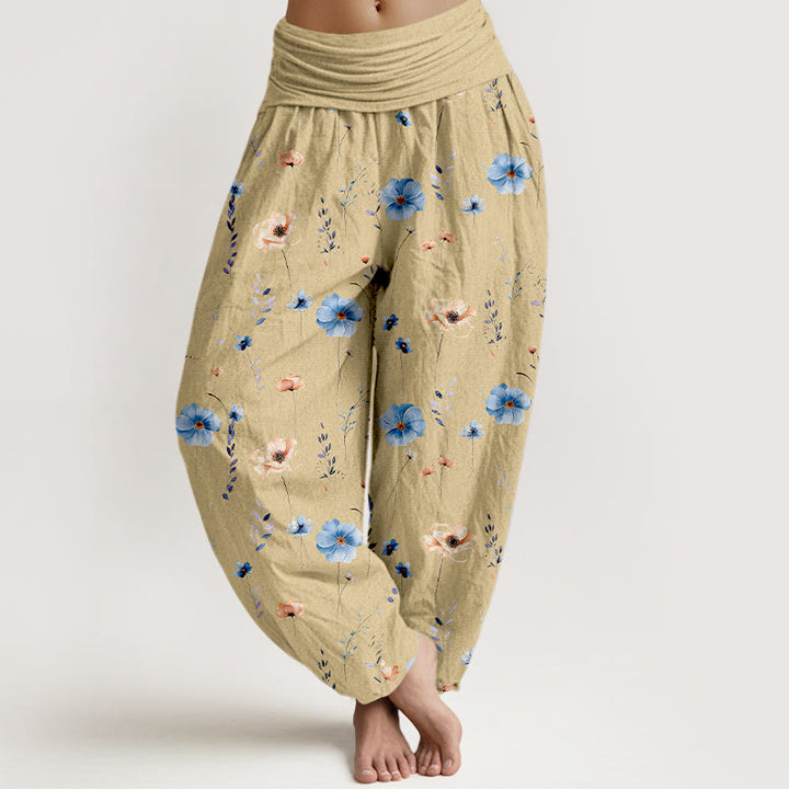 Buddha Stones Cotton Fresh Refined Flower Pattern Women's Elastic Waist Harem Pants - Wheat - US16，UK/AU20，EU48 (3XL) - image 0
