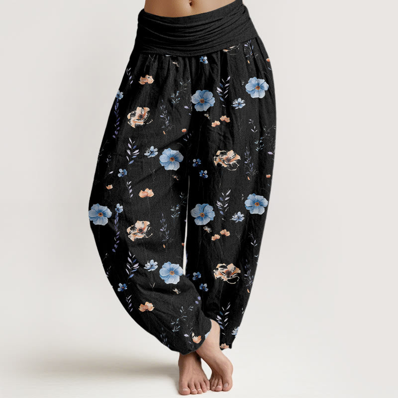 Buddha Stones Cotton Fresh Refined Flower Pattern Women's Elastic Waist Harem Pants - Black - US16，UK/AU20，EU48 (3XL) - image 5