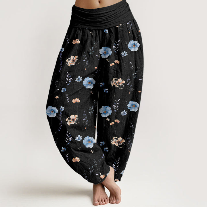 Buddha Stones Cotton Fresh Refined Flower Pattern Women's Elastic Waist Harem Pants - Black - US16，UK/AU20，EU48 (3XL) - image 5