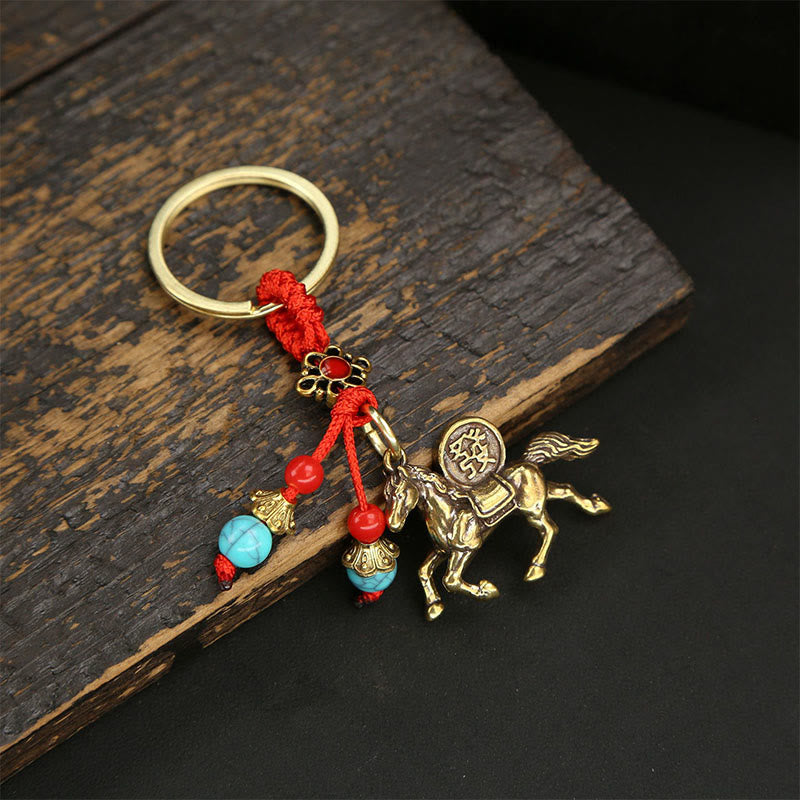 Buddha Stones Year Of The Horse Copper Brass Five-Emperor Coins Red String Wealth Key Chain - Red String Blue Bead Horse - image 1