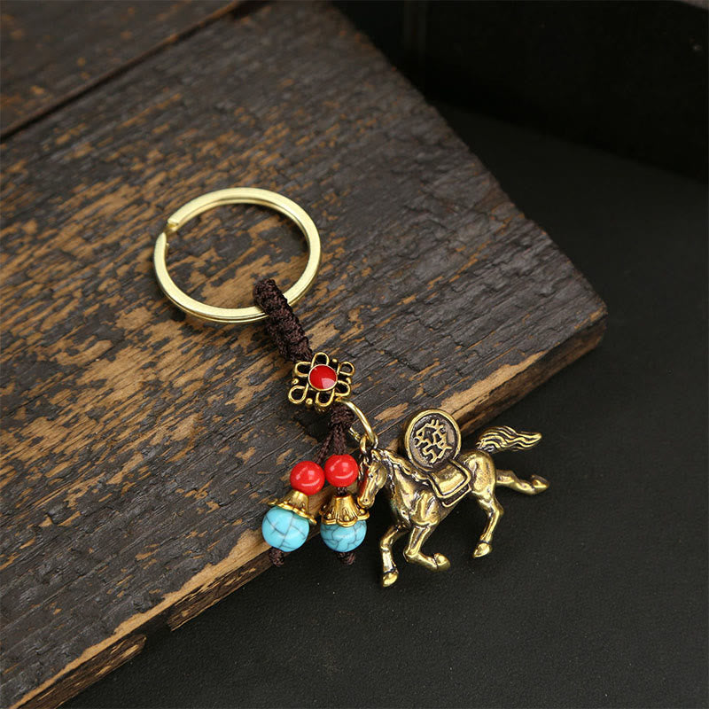 Buddha Stones Year Of The Horse Copper Brass Five-Emperor Coins Red String Wealth Key Chain - Brown String Blue Bead Horse - image 0