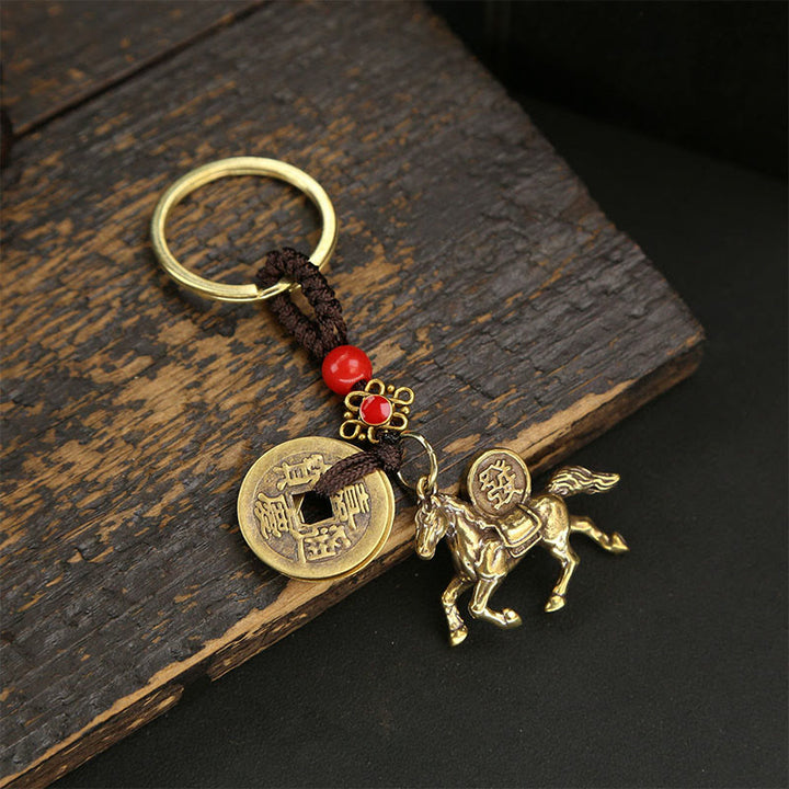 Buddha Stones Year Of The Horse Copper Brass Five-Emperor Coins Wealth Key Chain - Five-Emperor Coins Brown String Horse - image 2