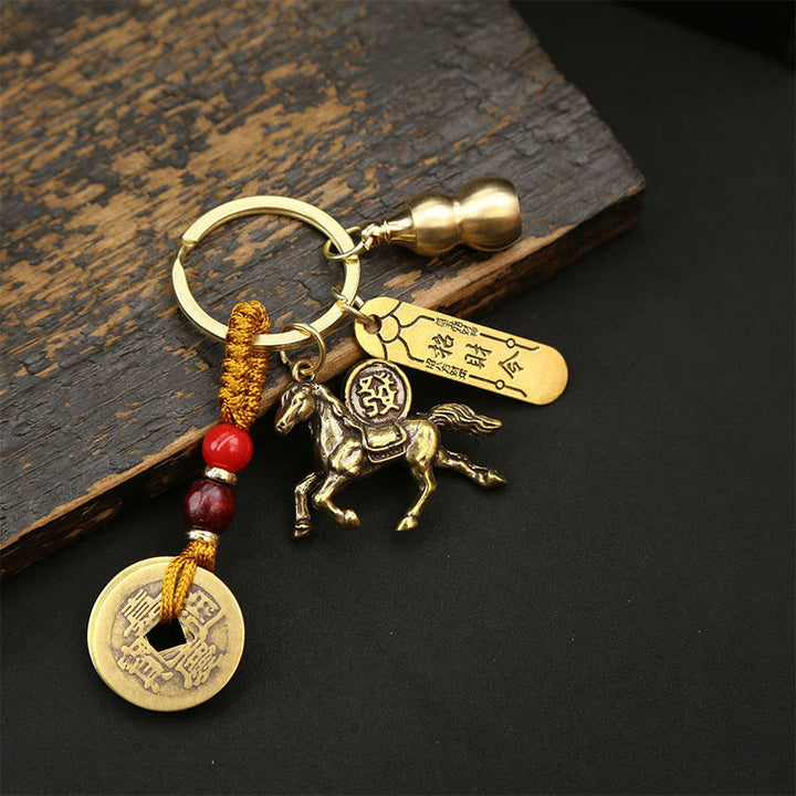 Buddha Stones Year Of The Horse Copper Brass Five-Emperor Coins Red String Wealth Key Chain - Five-Emperor Coins Wealth-Attracting Charm Horse - image 4