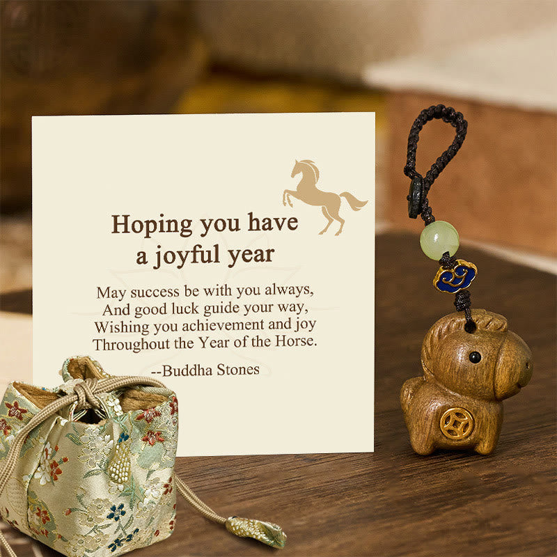Buddha Stones "Hoping You Have a Joyful Year" Year of the Horse Rainbow Eucalyptus Small Leaf Red Sandalwood Key Chain Includes Gift Message Card - Green Sandalwood - Deluxe Gift Bag (+$9.59) - image 5
