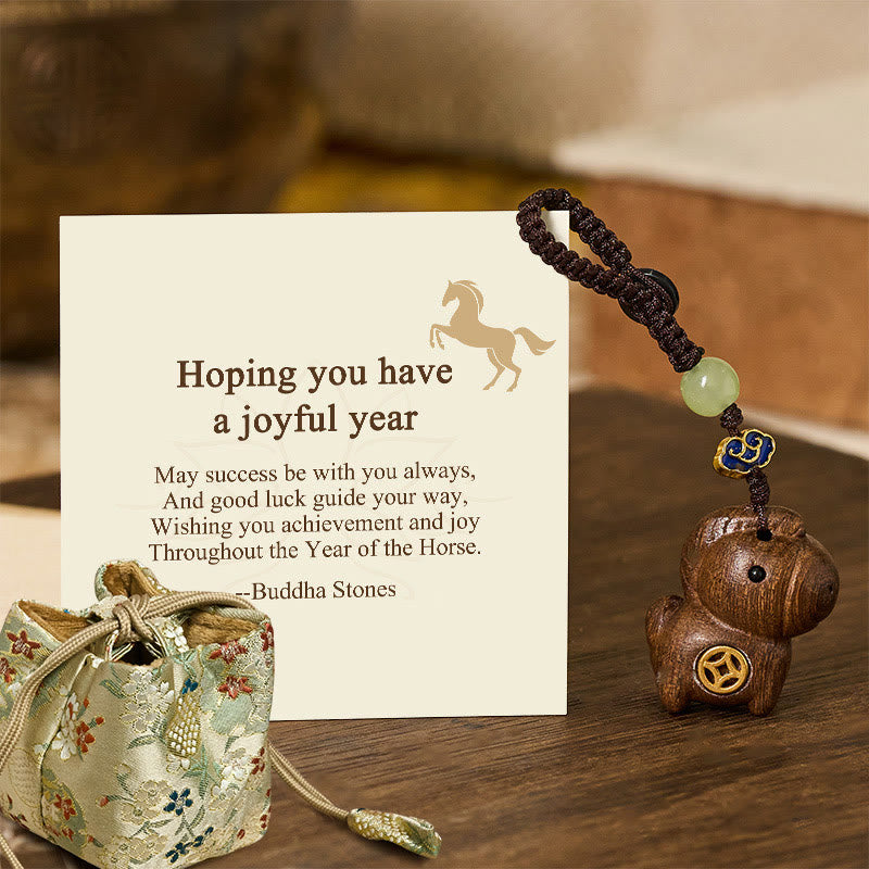 Buddha Stones "Hoping You Have a Joyful Year" Year of the Horse Rainbow Eucalyptus Small Leaf Red Sandalwood Key Chain Includes Gift Message Card - Ebony - Deluxe Gift Bag (+$9.59) - image 30