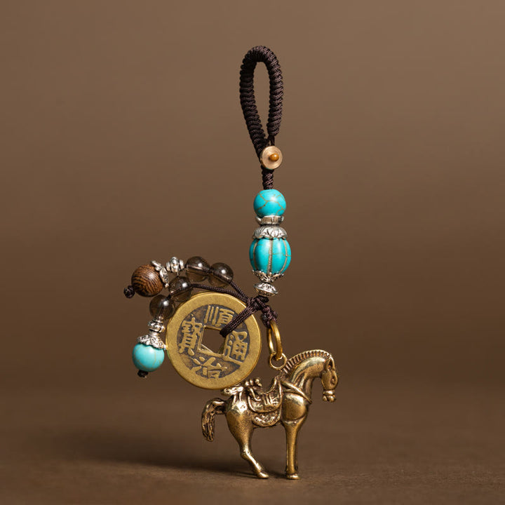 Buddha Stones Year Of The Horse Copper Brass Five-Emperor Coins Om Mani Padme Hum Protection Key Chain - Turquoise Bead Five-Emperor Coins Horse(Size: 36*31 mm) - image 3