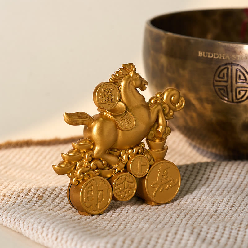 Buddha Stones "Hoping You Success and Good Luck" Year of the Horse Get Rich Now Ingot Fu Character Alloy Decoration Includes Gift Message Card - image 3