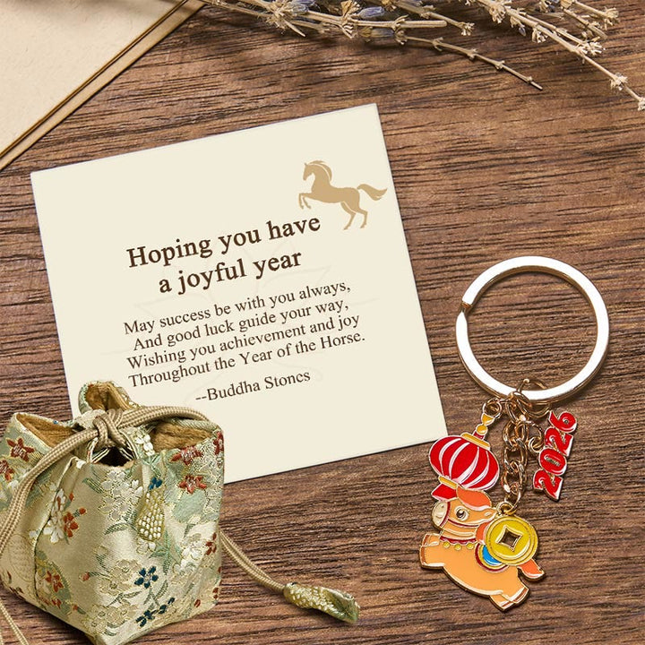 Buddha Stones "Hoping You Have a Joyful Year" Year of the Horse Lantern Copper Coin Fu Character Lucky Money Bag Alloy Key Chain Includes Gift Message Card - Copper Coin Horse 7.5*3cm - Deluxe Gift Bag (+$9.59) - image 8