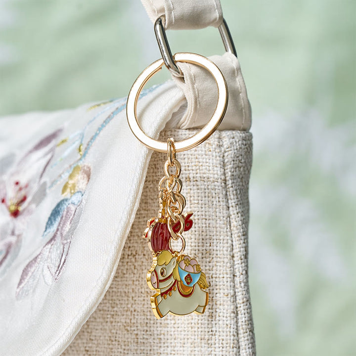 Buddha Stones "Hoping You Have a Joyful Year" Year of the Horse Lantern Fu Character Glutinous Rice Balls Bowl Gourd Alloy Key Chain Includes Gift Message Card - image 3