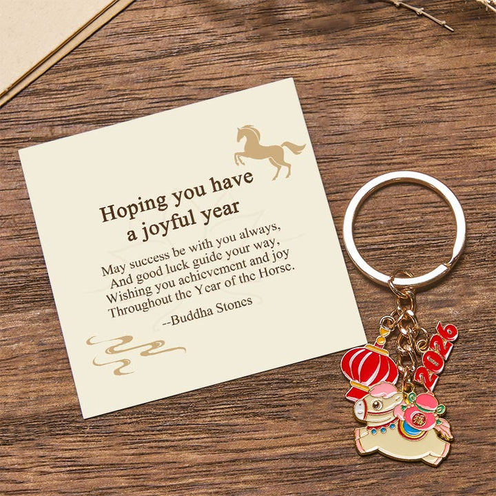 Buddha Stones "Hoping You Have a Joyful Year" Year of the Horse Lantern Fu Character Glutinous Rice Balls Bowl Gourd Alloy Key Chain Includes Gift Message Card - Fortune Horse 7.5*3cm - Standard Gift Box - image 8