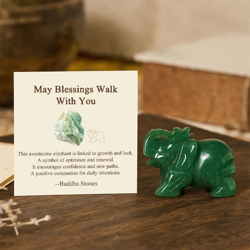 Buddha Stones ''May Blessings Walk With You'' Natural Small Elephant Amazonite Amethyst Jade Black Obsidian Stone Decoration Includes Gift Message Card - Green Aventurine 5*3.9*2.5cm - Standard Gift Box - image 47