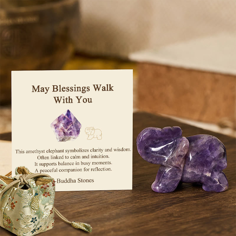 Buddha Stones ''May Blessings Walk With You'' Natural Small Elephant Amazonite Amethyst Jade Black Obsidian Stone Decoration Includes Gift Message Card - Amethyst 5*3.9*2.5cm - Deluxe Gift Bag (+$9.59) - image 18