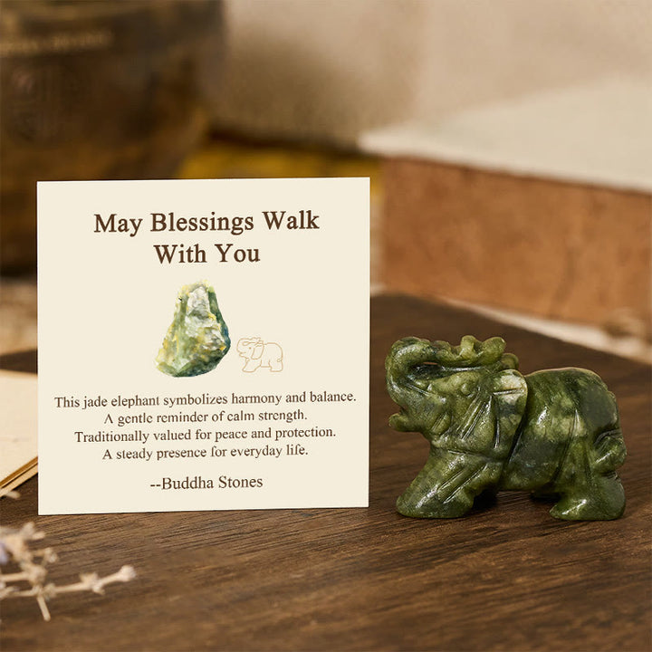 Buddha Stones ''May Blessings Walk With You'' Natural Small Elephant Amazonite Amethyst Jade Black Obsidian Stone Decoration Includes Gift Message Card - Jade 5*3.9*2.5cm - Standard Gift Box - image 20