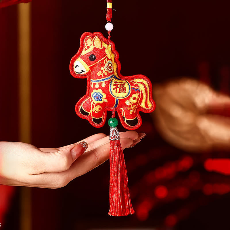 Buddha Stones Year Of The Horse Fu Character Embroidery Red String Luck Hanging Decoration - Red Horse (Size: 11*10cm) - image 0