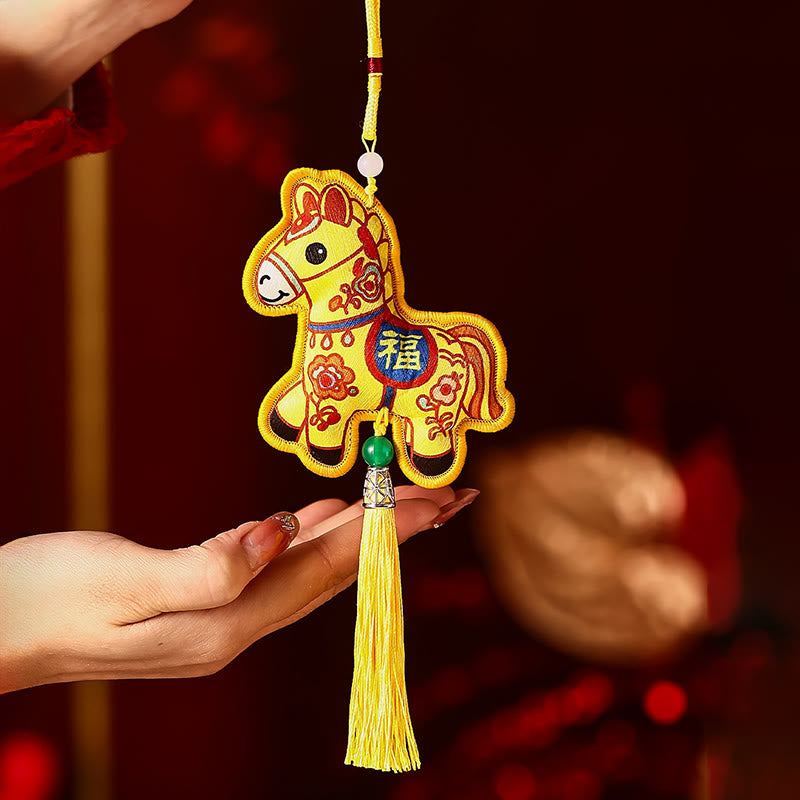 Buddha Stones Year Of The Horse Fu Character Embroidery Red String Luck Hanging Decoration - Yellow Horse (Size: 11*10cm) - image 3