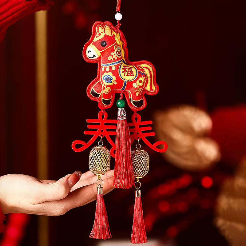 Buddha Stones Year Of The Horse Fu Character Embroidery Red String Luck Hanging Decoration - Red Winter Melon-Shaped Lamp Horse (Size: 11*10cm) - image 9