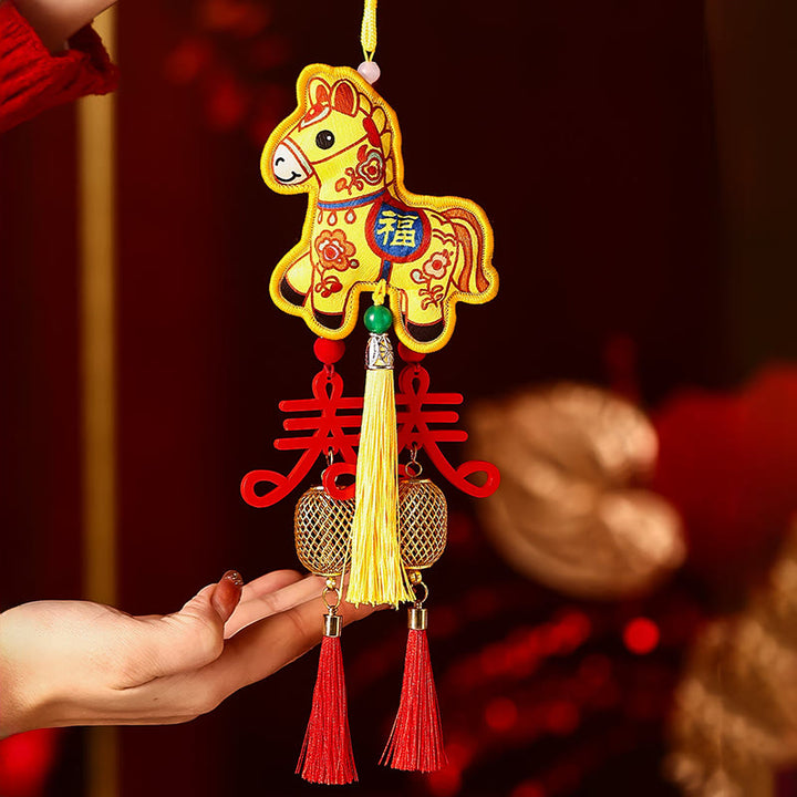 Buddha Stones Year Of The Horse Fu Character Embroidery Red String Luck Hanging Decoration - Yellow Winter Melon-Shaped Lamp Horse (Size: 11*10cm) - image 10