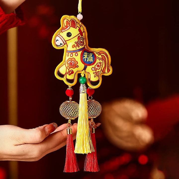 Buddha Stones Year Of The Horse Fu Character Embroidery Red String Luck Hanging Decoration - Yellow Round Lamp Horse (Size: 11*10cm) - image 13