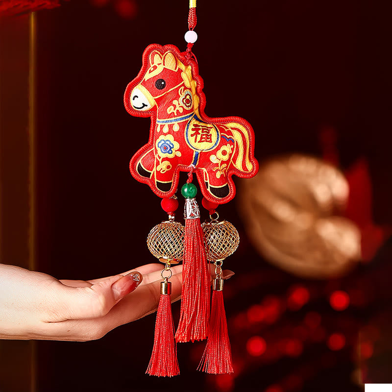 Buddha Stones Year Of The Horse Fu Character Embroidery Red String Luck Hanging Decoration - Red Round Lamp Horse (Size: 11*10cm) - image 11