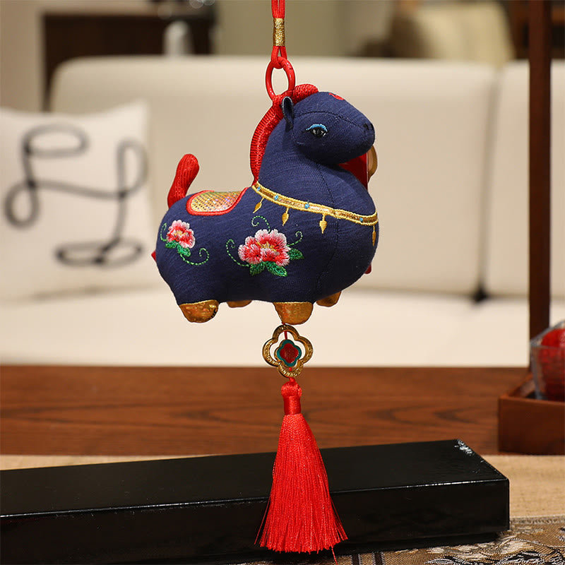 Buddha Stones Year Of The Horse Fu Character Red String Protection Embroidery Hanging Decoration - Blue Horse (Size: 10*9*12cm) - image 0