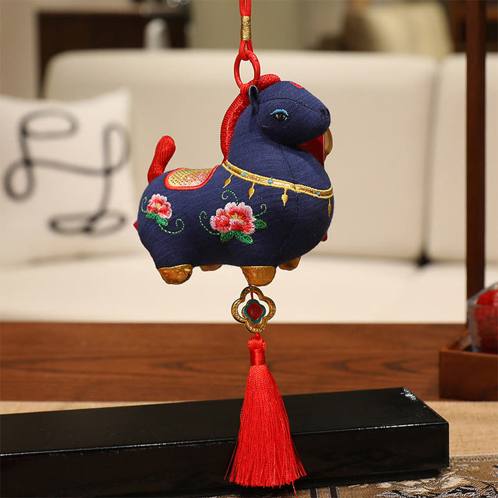 Buddha Stones Year Of The Horse Fu Character Red String Protection Embroidery Hanging Decoration - Blue Horse (Size: 10*9*12cm) - image 0