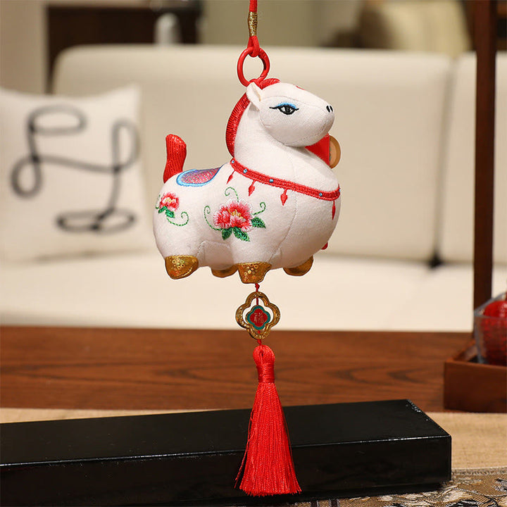Buddha Stones Year Of The Horse Fu Character Red String Protection Embroidery Hanging Decoration - White Horse (Size: 10*9*12cm) - image 2