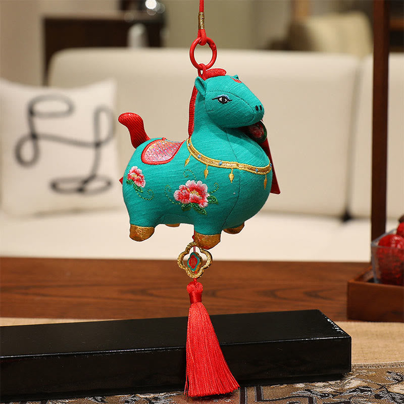 Buddha Stones Year Of The Horse Fu Character Red String Protection Embroidery Hanging Decoration - Green Horse (Size: 10*9*12cm) - image 3