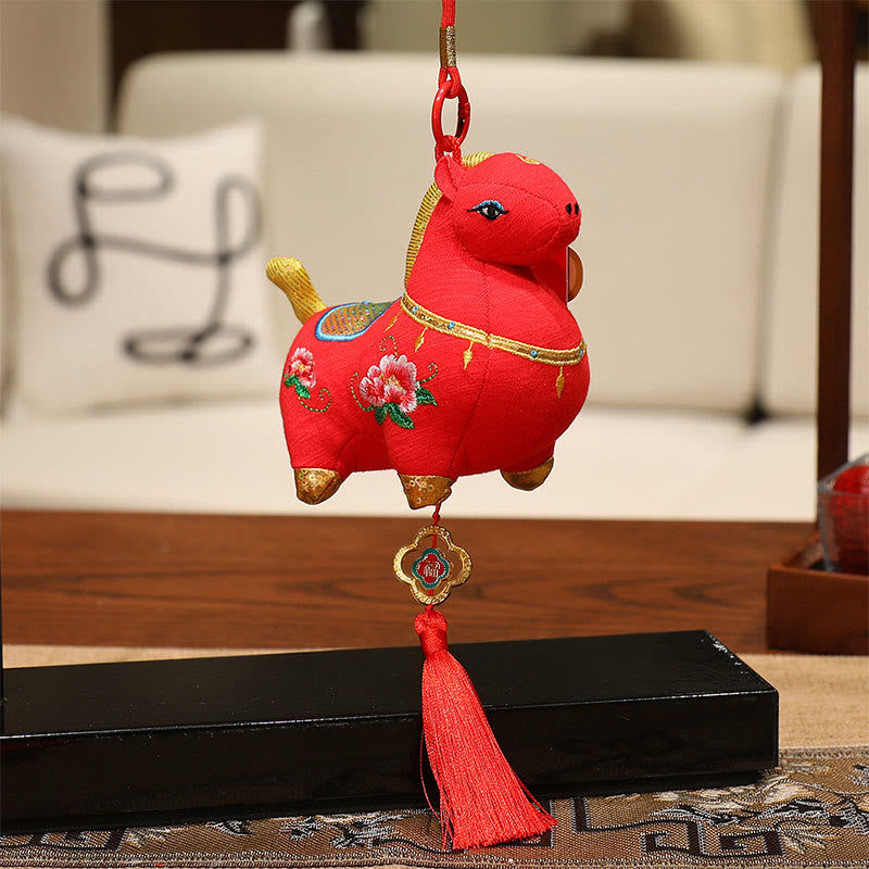 Buddha Stones Year Of The Horse Fu Character Red String Protection Embroidery Hanging Decoration - Red Horse (Size: 10*9*12cm) - image 1