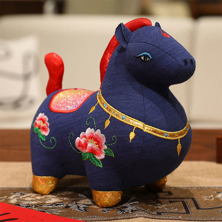 Buddha Stones Year Of The Horse Flower Pattern Embroidery Prosperity  Home Decoration - Blue Horse - 10*9*24cm - image 0