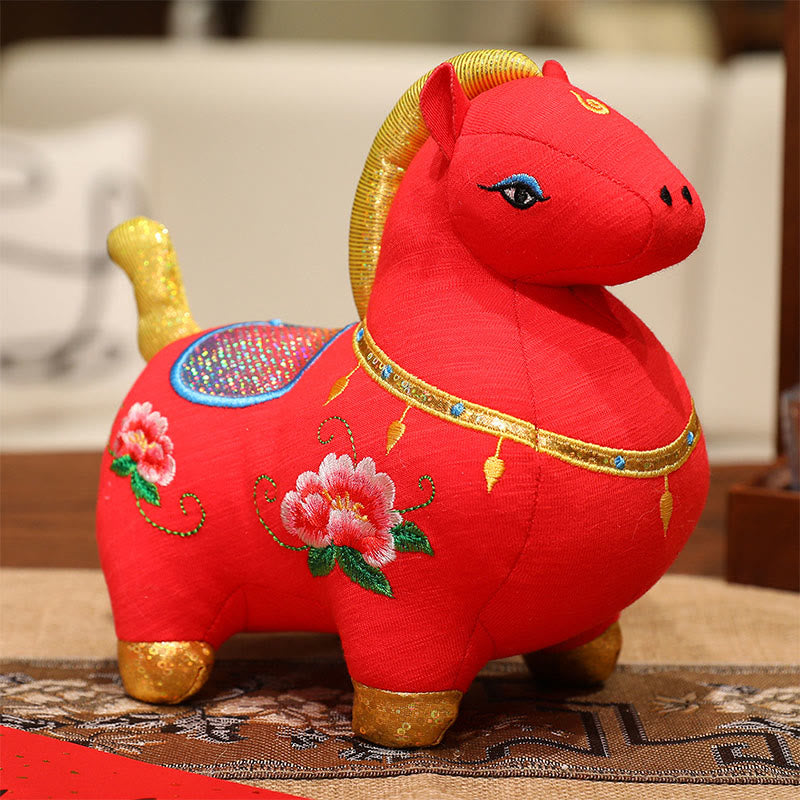Buddha Stones Year Of The Horse Flower Pattern Embroidery Prosperity  Home Decoration - Red Horse - 10*9*24cm - image 1