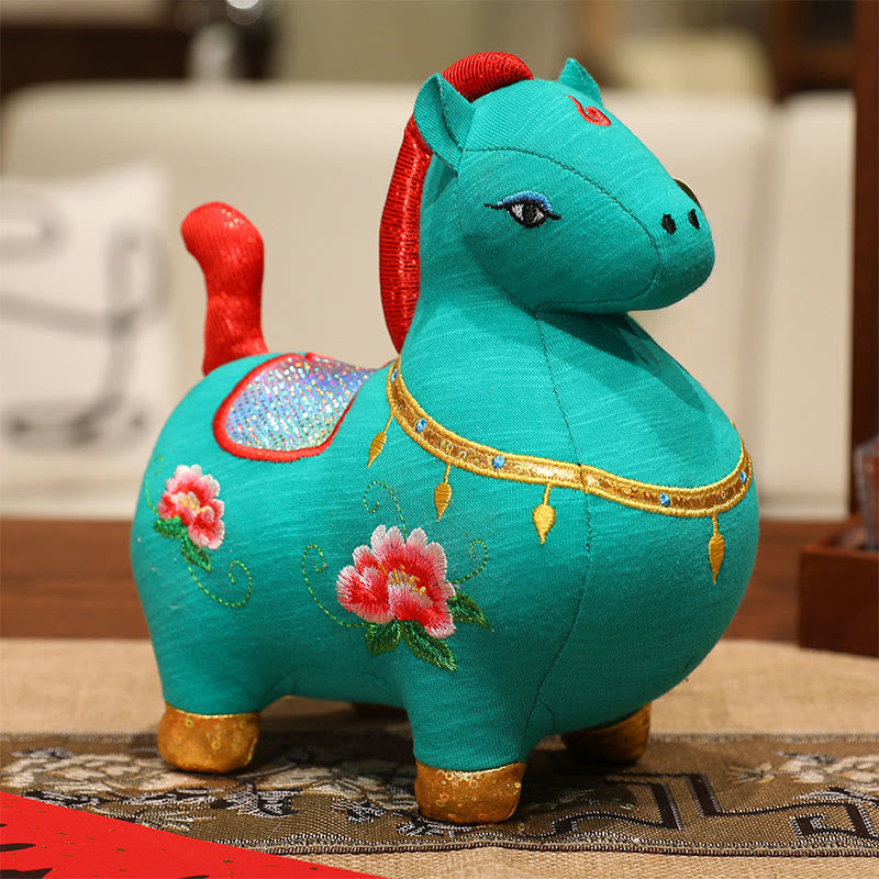 Buddha Stones Year Of The Horse Flower Pattern Embroidery Prosperity  Home Decoration - Green Horse - 10*9*24cm - image 4