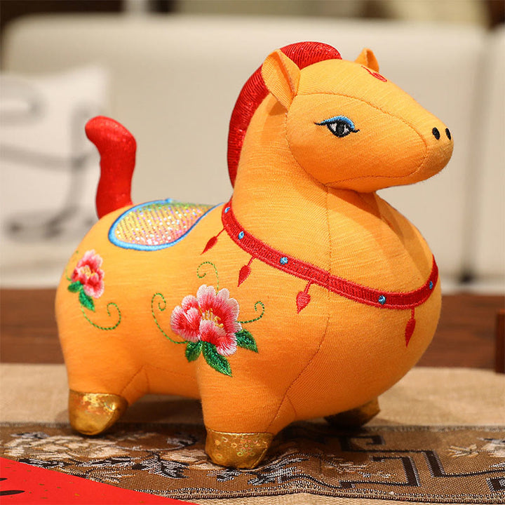 Buddha Stones Year Of The Horse Flower Pattern Embroidery Prosperity  Home Decoration - Yellow Horse - 10*9*24cm - image 3