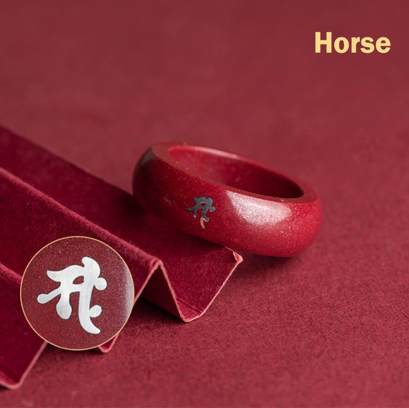 Buddha Stones Chinese Zodiac Year Of The Horse Cinnabar Blessing Ring - Cinnabar Horse - 22mm - image 2