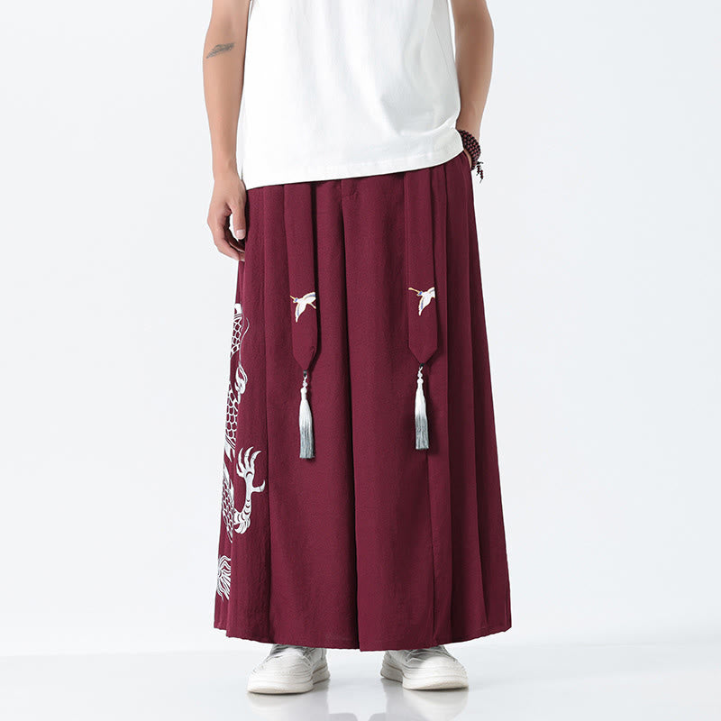 Buddha Stones Summer Dragon Drawstring Design Cotton Ankle-Length Men's Wide Leg Pants With Pockets - DarkRed - US/UK/AU42，EU52 (3XL) - image 15