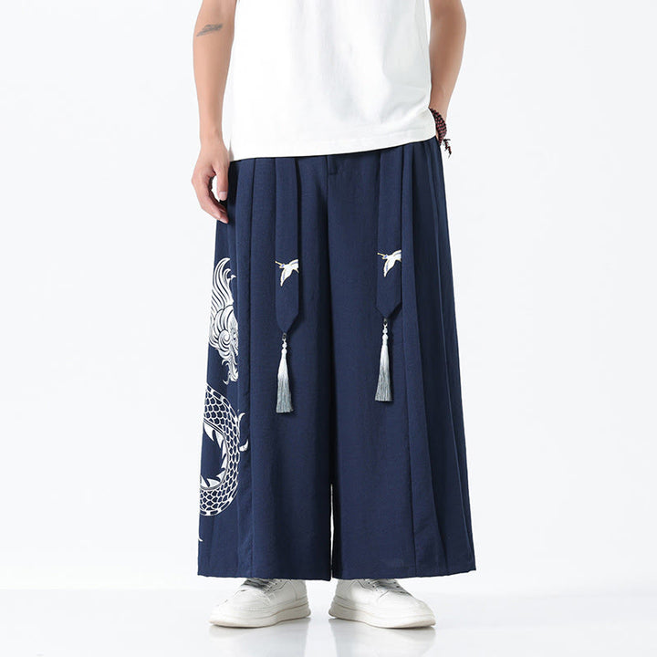Buddha Stones Summer Dragon Drawstring Design Cotton Ankle-Length Men's Wide Leg Pants With Pockets - image 1